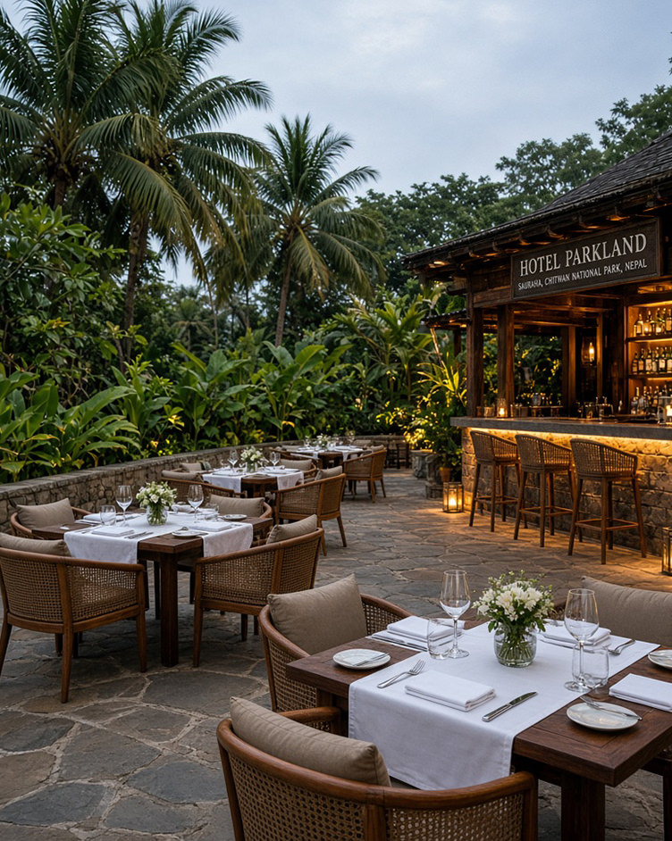 Outdoor dining terrace at Hotel Parkland