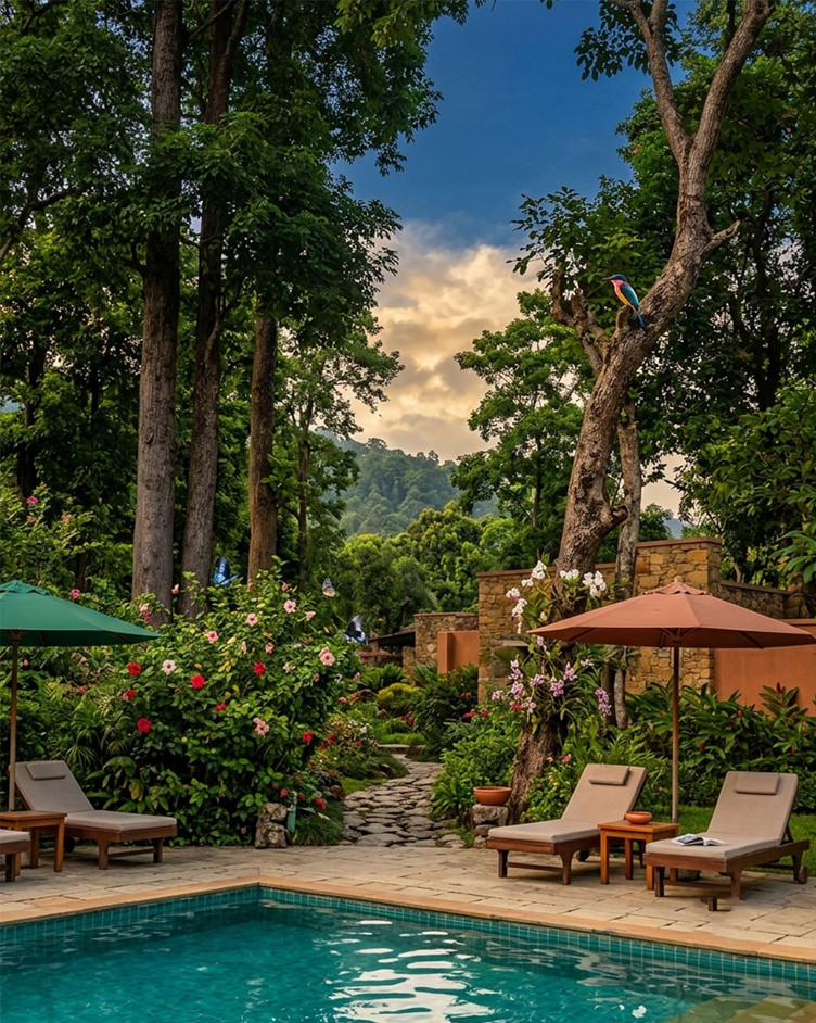 Swimming pool surrounded by gardens